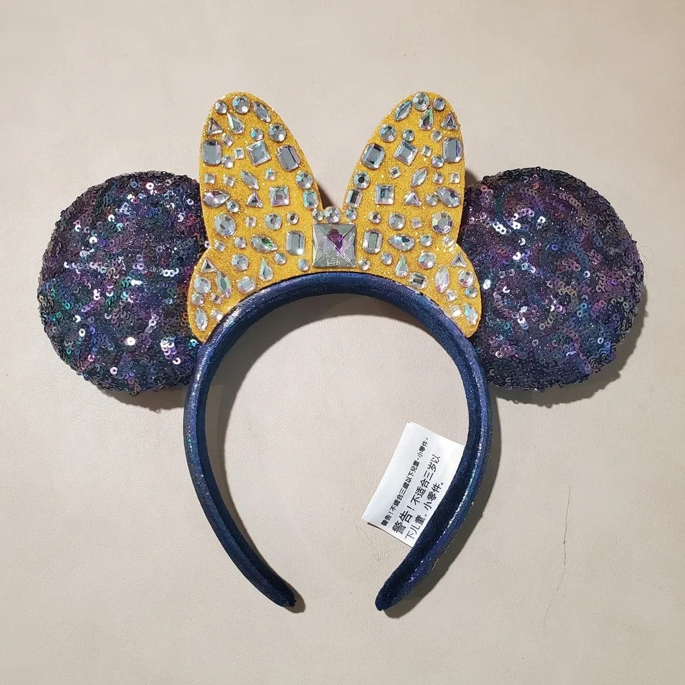 Disney Parks Minnie Mouse Ears Headband Purple Sequin Gold Rhinestone Bow Blue